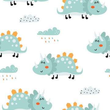 Seamless pattern with cute dinosaurs.