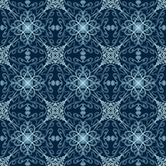 Seamless abstract geometric floral surface pattern in vivid colors with symmetrical form repeating horizontally and vertically. Use for fashion design, home decoration, wallpapers and gift packages.