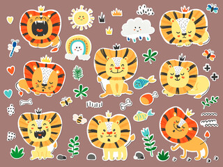 Set of stickers with cute lions.