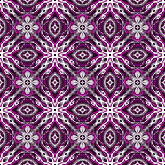 Seamless abstract geometric floral surface pattern in vivid colors with symmetrical form repeating horizontally and vertically. Use for fashion design, home decoration, wallpapers and gift packages.