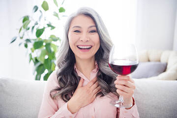 Portrait of attractive cheerful gray-haired woman sitting on divan drinking wine having fun free time at home house indoor