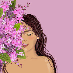 Naklejka premium Girl and lilac on a pink background