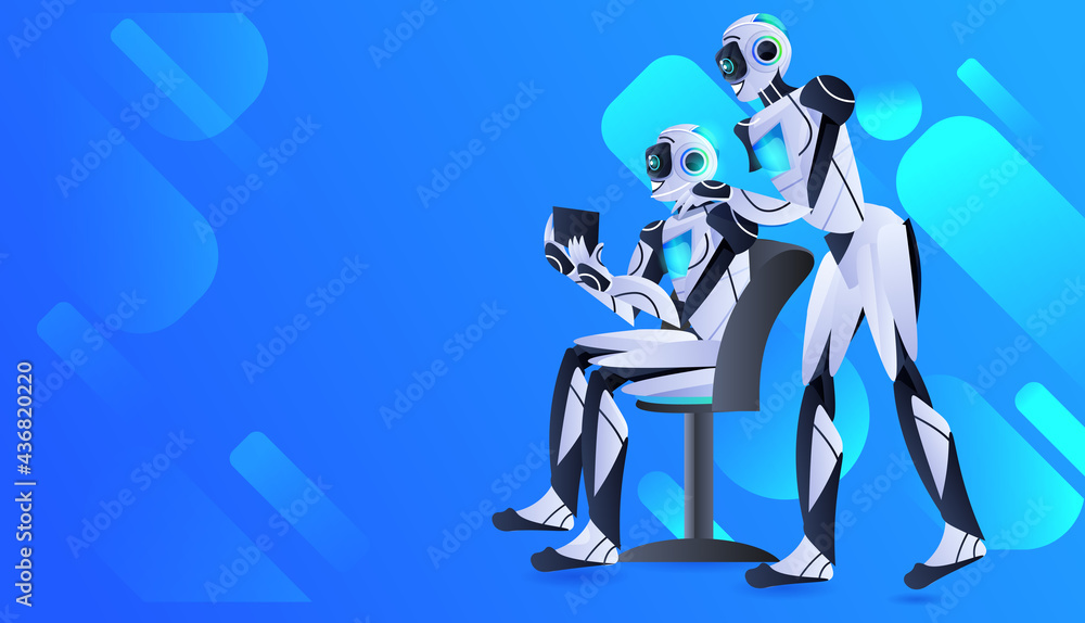 Aufkleber robots couple using tablet pc modern robotic characters artificial intelligence technology concept