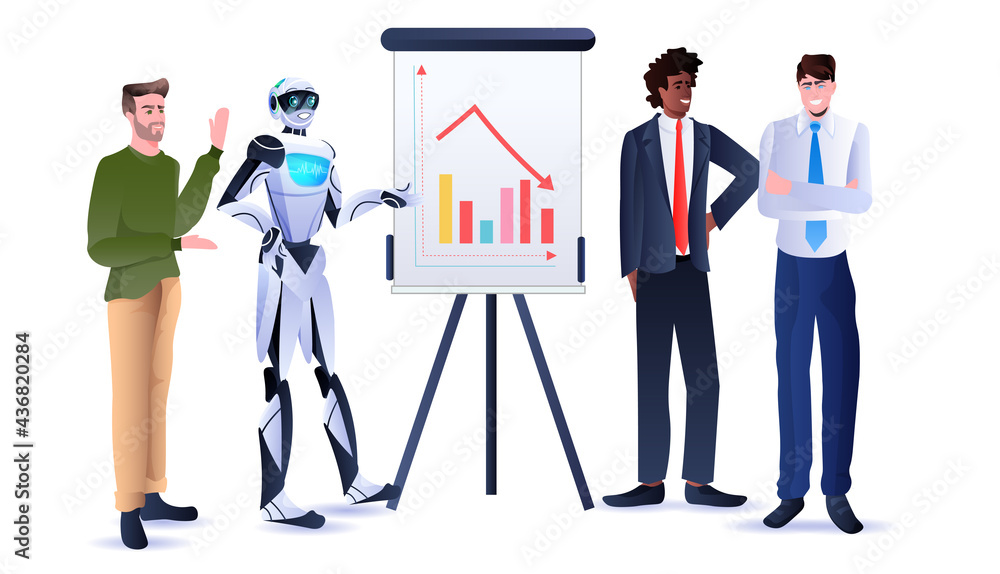 Poster mix race businesspeople with robot analyzing financial statistics on flip chart data analysis artifi