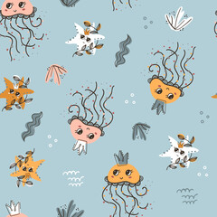 Seamless pattern with starfishes and jellyfishes
