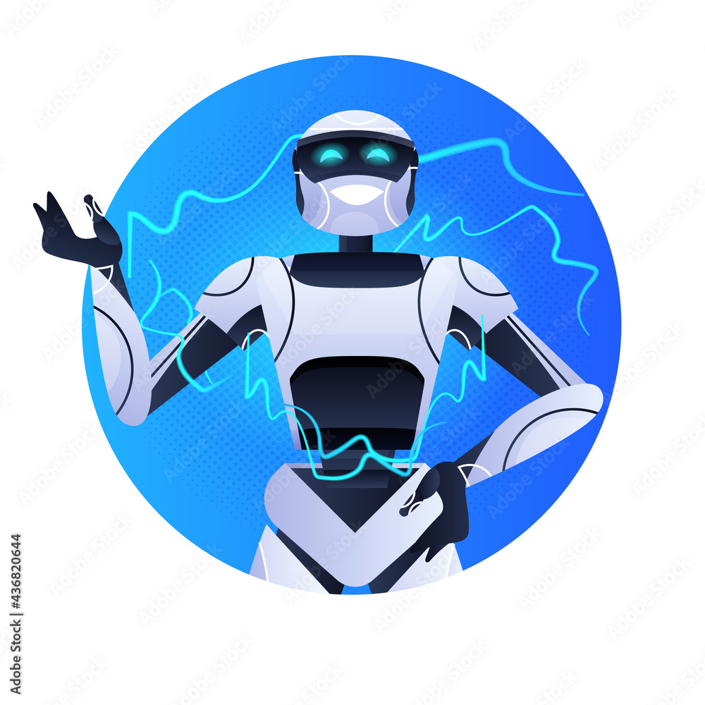 Poster robot chatbot assistant modern robotic character artificial intelligence concept