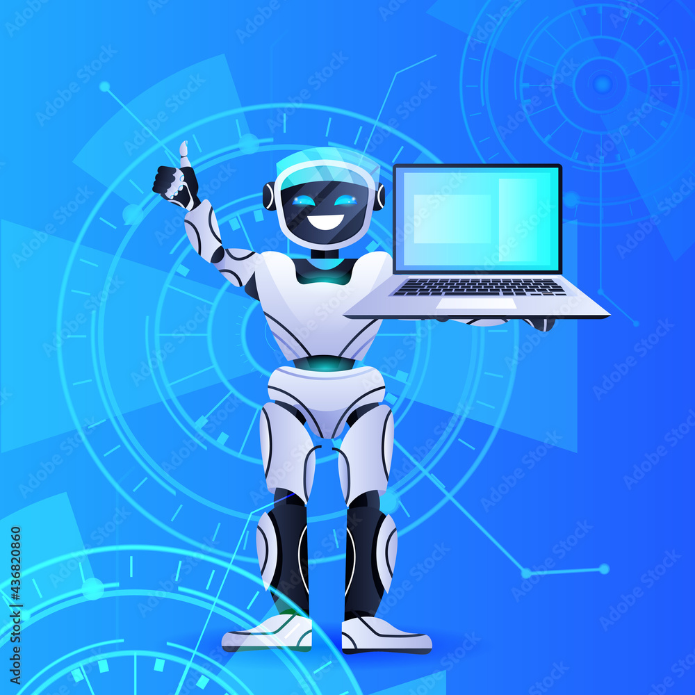 Poster robot chatbot assistant using laptop modern robotic character artificial intelligence concept