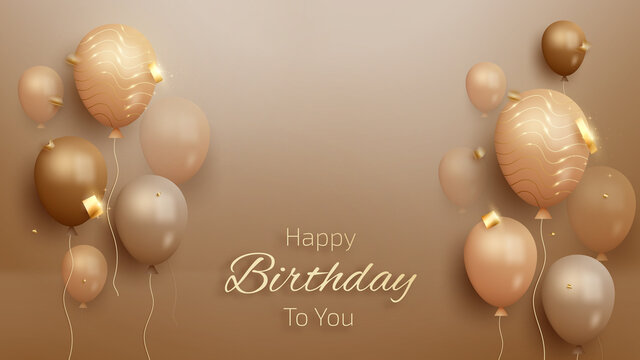 Happy birthday card with luxury balloons and ribbon. 3d realistic style. vector illustration for design.