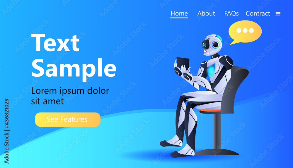 Poster robot chatbot assistant using tablet pc modern robotic character with chat bubble artificial intelli
