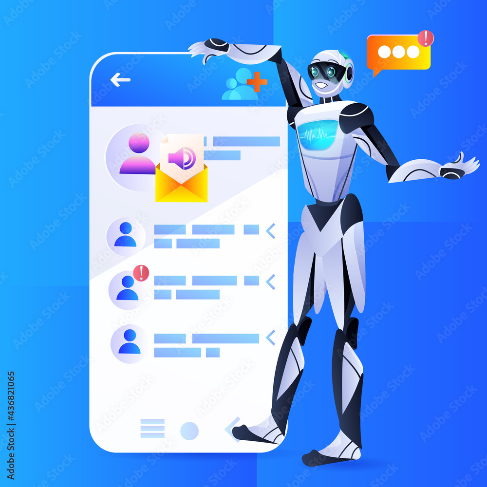 Poster robot chatbot assistant using mobile messenger app speech bubble online communication artificial int