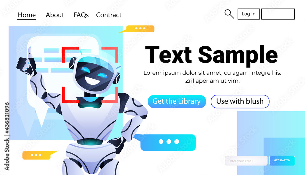 Poster man discussing with robot chatbot assistant detection and identification facial recognition system a