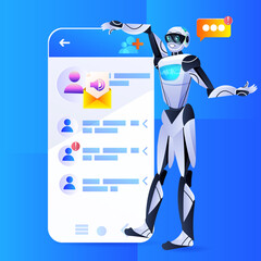 robot chatbot assistant using mobile messenger app speech bubble online communication artificial intelligence concept