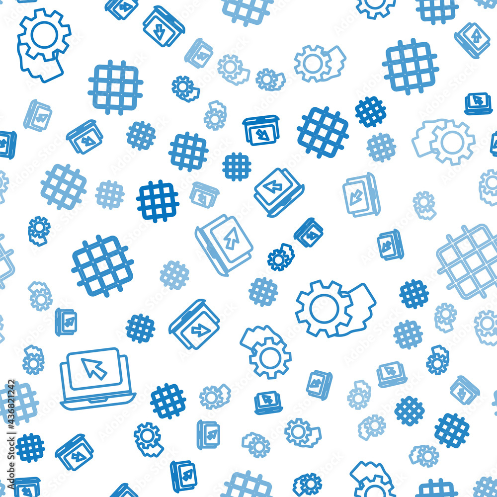 Poster set line laptop and cursor, human head with gear inside and grid graph paper on seamless pattern. ve