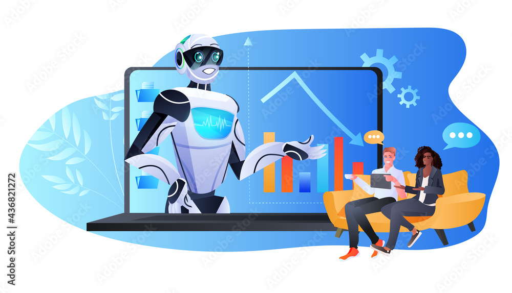 Poster mix race businesspeople discussing with robot during video call financial statistics data analysis a