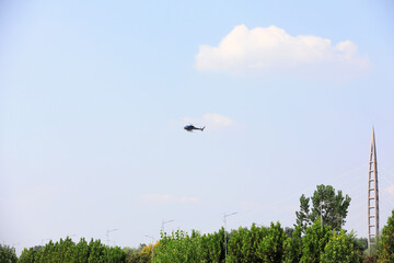 Agricultural helicopters for controlling Hyphantria cunea spray pesticides over the city