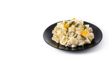Potato salad with gherkins, egg and mustard isolated on white background