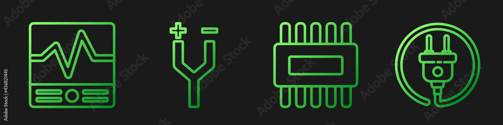 Poster set line processor with microcircuits cpu, electrical measuring instruments, electric cable and elec