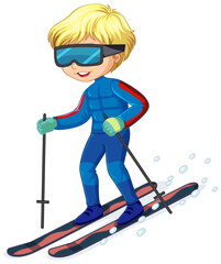 Cartoon character of a boy riding ski on white background