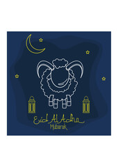 Editable Vector of Sheep and Standing Arabian Lanterns in Outline Style with Framed Starry Night Sky Scene Illustration for Artwork Elements of Eid Al-Adha or Islamic Holy Festival Design Concept