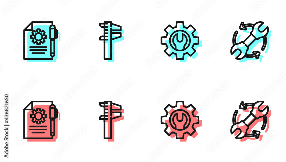 Poster set line wrench spanner and gear, document settings pen, calliper or caliper scale and arrows as wor