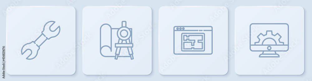 Poster set line wrench spanner, house plan, graphing paper and compass and computer monitor gear. white squ