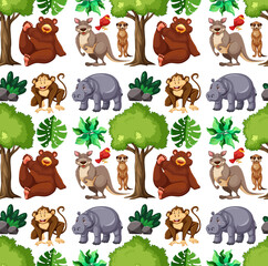 Seamless pattern with cute wild animals and nature elements