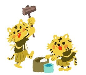 餅つきをする虎