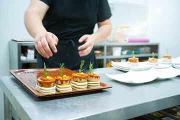 Elaboration of design dishes. Scenes of real teamwork by great Spanish professionals of gourmet haute cuisine for social events