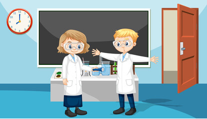 Classroom scene with students wearing laboratory gown