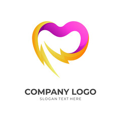 care energy logo, love and thunder, combination logo with 3d pink and yellow color style