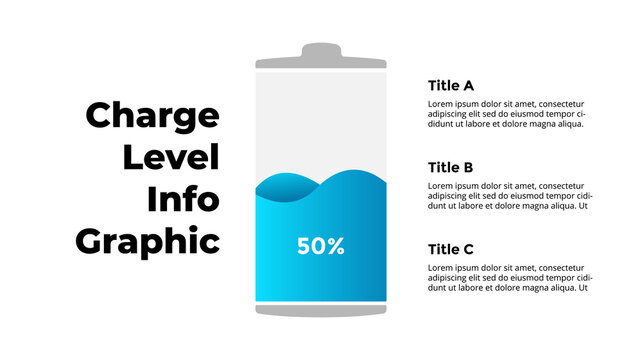Battery charge level Infographic. 50 percents power indicator. Energy percentage loading process. Vector slide template. Creative conceptual chart.