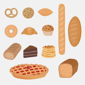 Bakery products vector illustration. Bake shop elements in flat style. Bread iteams for coffee house. Pastry icons set.