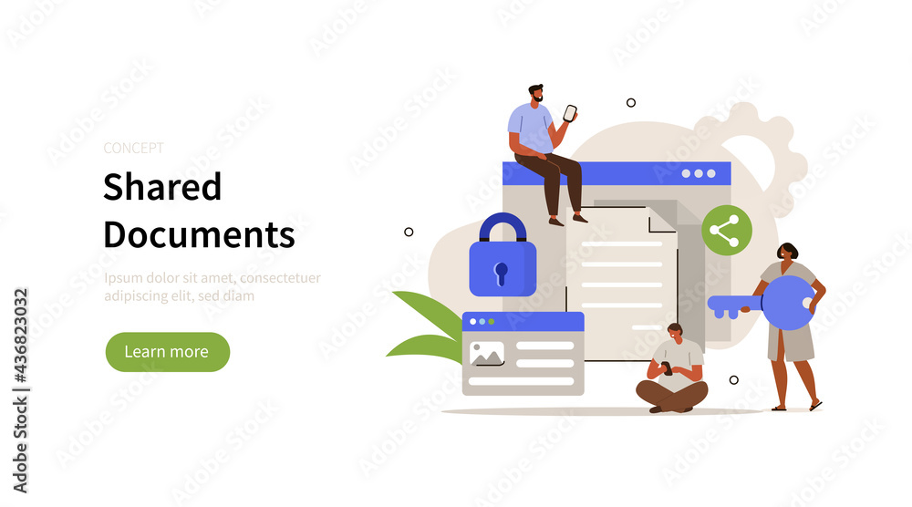 Aufkleber people characters using сyber security services to protect documents and personal data. cloud shared
