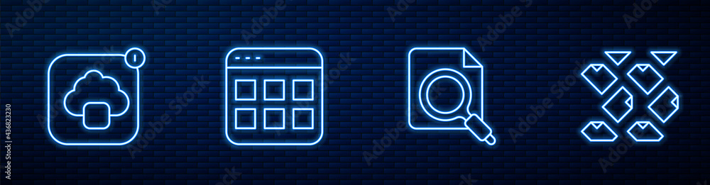 Poster set line search concept with folder, cloud technology data transfer, browser files and data stream. 