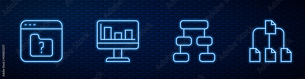 Poster set line hierarchy organogram chart, file missing, monitor with graph and folder tree. glowing neon 