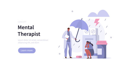 Obraz premium Doctor psychologist helping patient with depression. Character having therapy against mental diseases. Mental health problem and treatment. Mental disorder concept. Flat cartoon vector illustration.