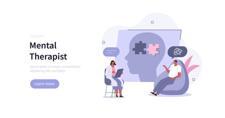 Character having сonsultation and therapy against mental diseases with doctor psychologist. Mental health problems and treatment.  Mental disorder concept. Flat cartoon vector illustration.
