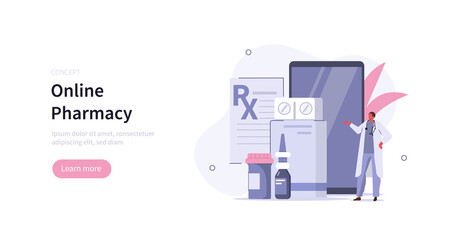 Doctor pharmacist in drugstore standing near smartphone and presenting medicine pills and bottles. Online pharmacy store concept. Flat cartoon vector illustration.