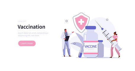 Doctor and nurse preparing for global vaccination against coronavirus. Covid vaccine ready for clinical trial. Immunization campaign concept. Flat cartoon vector illustration.
 - obrazy, fototapety, plakaty