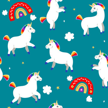 Seamless pattern with unicorns and rainbows. Vector graphics.