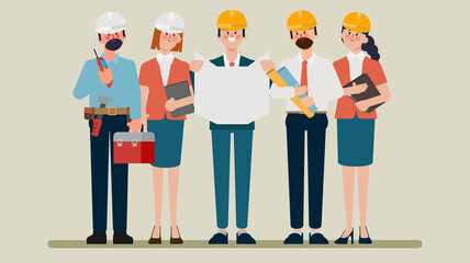 Obraz premium Engineering teamwork flat character. Animation cartoon vector.