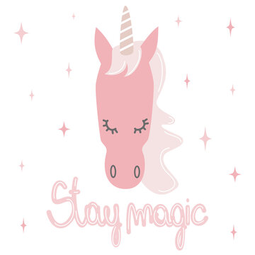 Cute lovely hand drawing stay magic lettering quote with cartoon character unicorn vector illustration