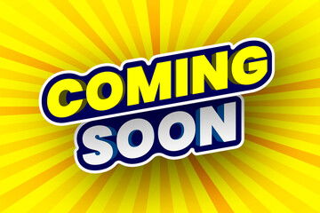 Coming soon banner on yellow striped background. Vector illustration.