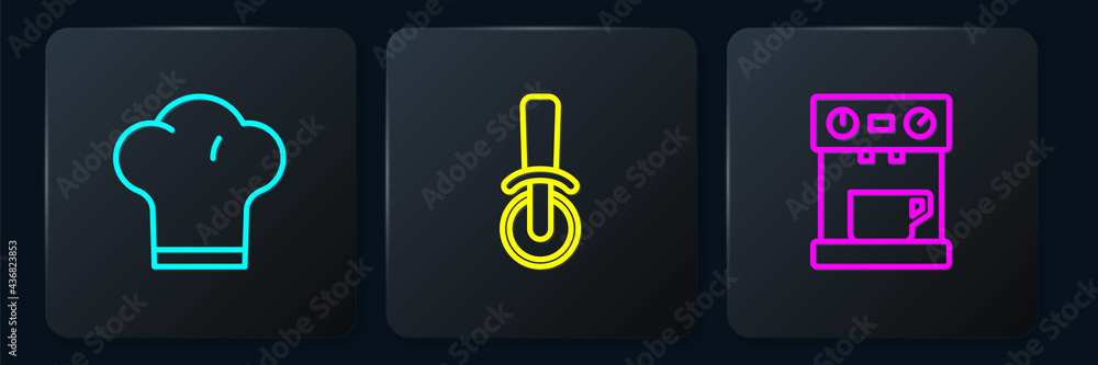 Poster set line chef hat, coffee machine and pizza knife. black square button. vector