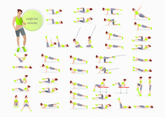 abs exercises.  Fitness at home.Fitness exercises.Weight Loss Workout. Fat burn workout. Slim body workout.Workout girl set. Plank and abc exercises.Vector graphics for magazines and banners.