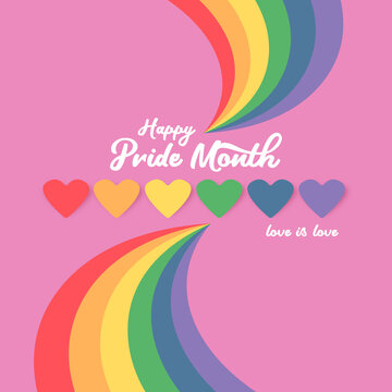 Happy pride month banner with heart and pride color flag isolated on pink background. Vector Pride month or pride day poster, flyer, invitation party card design template.