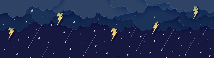 Rain thunder lightning and clouds in the paper cut style. Vector storm weather concept with falling water drops from the cloudy night sky and flash. Storm papercut background horizontal banner. - obrazy, fototapety, plakaty
