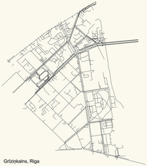 Black simple detailed street roads map on vintage beige background of the quarter Grīziņkalns neighbourhood of Riga, Latvia