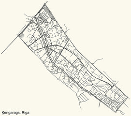 Black simple detailed street roads map on vintage beige background of the quarter Ķengarags neighbourhood of Riga, Latvia