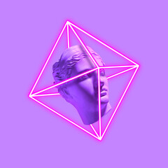 Modern conceptual artwork with ancient statue head. Contemporary art collage. Purple and pink. Bright colors